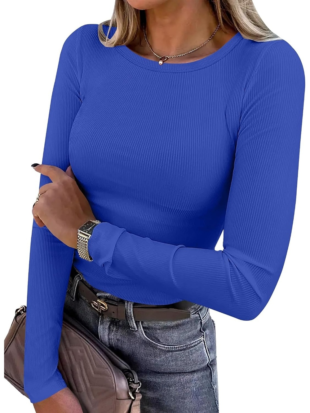 Women's Light Royal Blue Slim Lightweight Long Sleeve Shirts Ribbed Fitted Tops